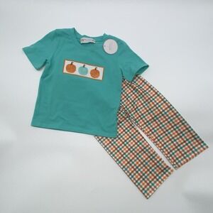 Boys Size 4 4T Fall 2-Piece Set Pumpkins Checked Pants NWT Thanksgiving New